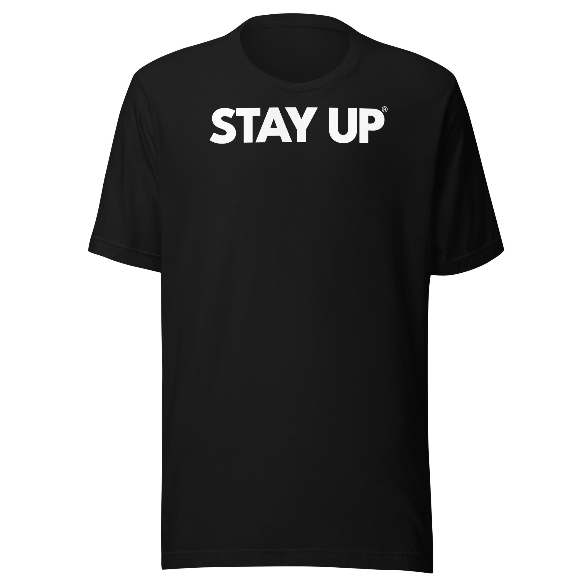 Full view of the Stay Up t-shirt featuring a bold logo in dark colors, designed to showcase the style and positive attitude of the brand.