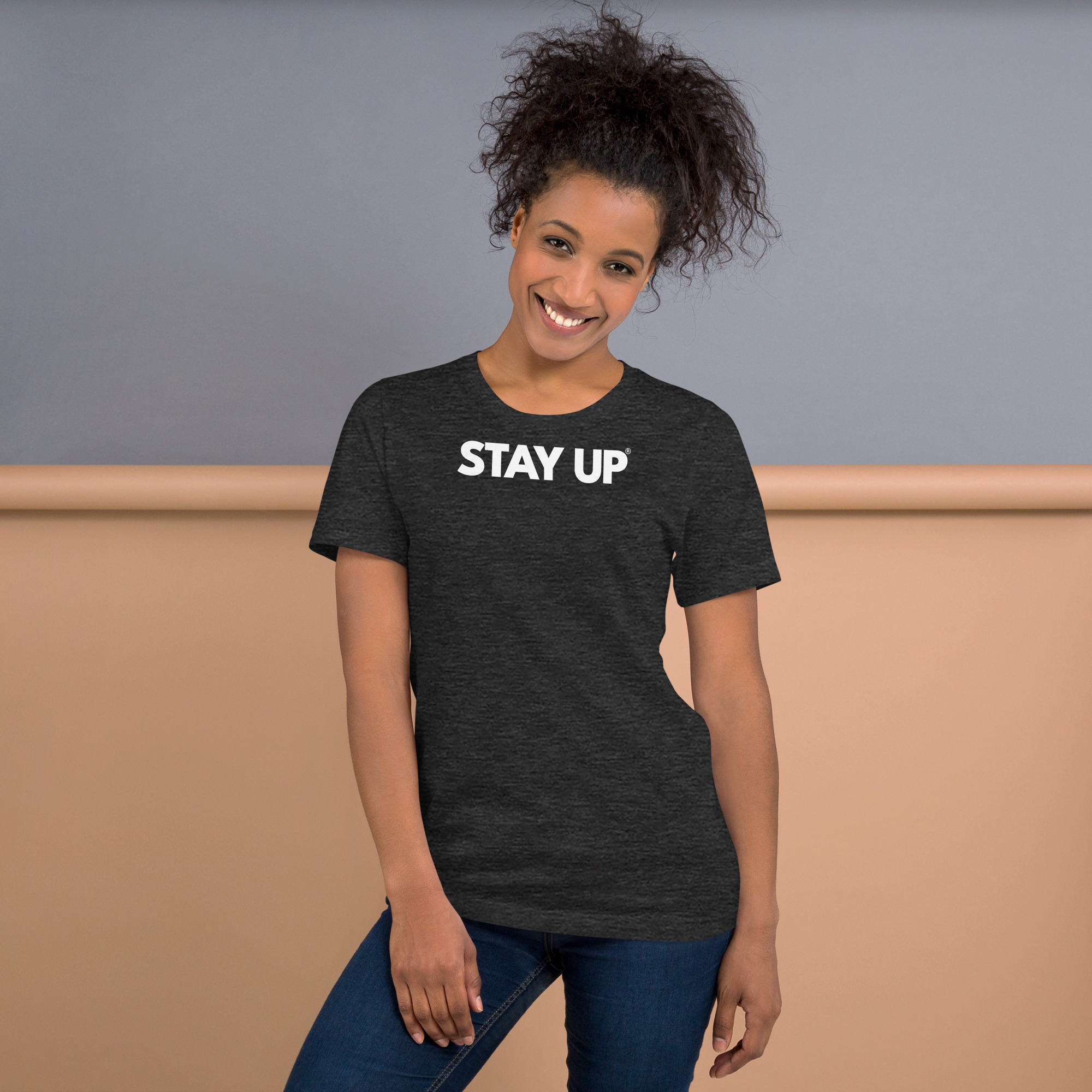 Stay Up t-shirt featuring a bold dark logo design, perfect for showing off confidence and a positive mindset in streetwear style.