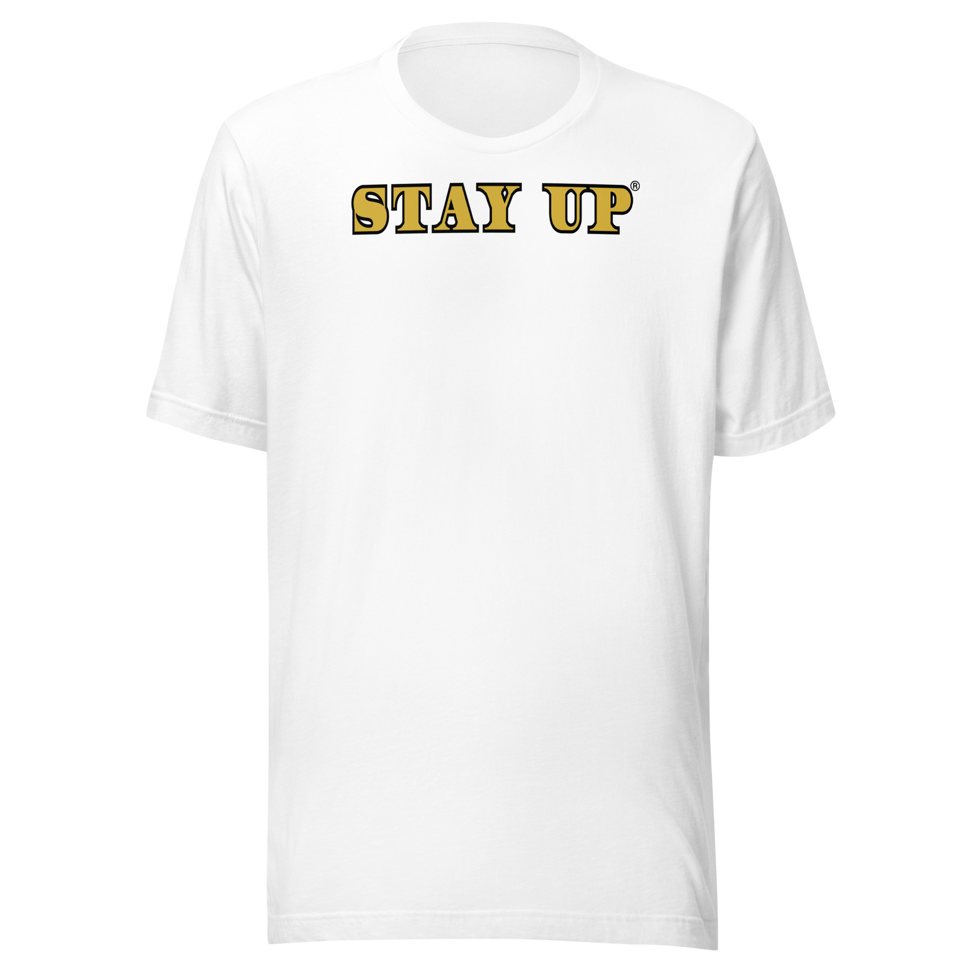 A bold unisex tee featuring the Stay Up design in a bright dollar-font lights style, highlighting confidence and creativity.