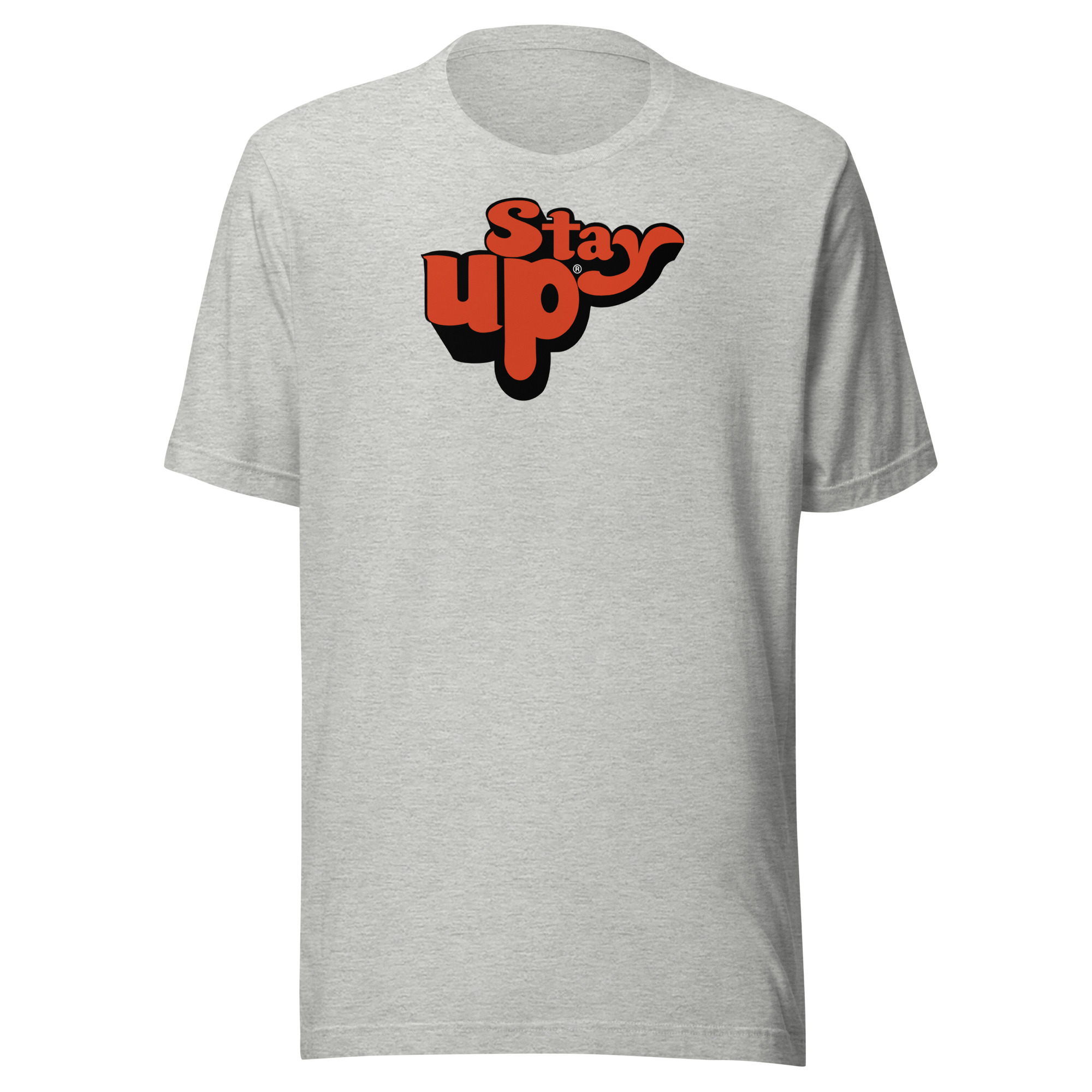 Full shot of Stay Up Clothing Alex DeLeon t-shirt with orange retro logo