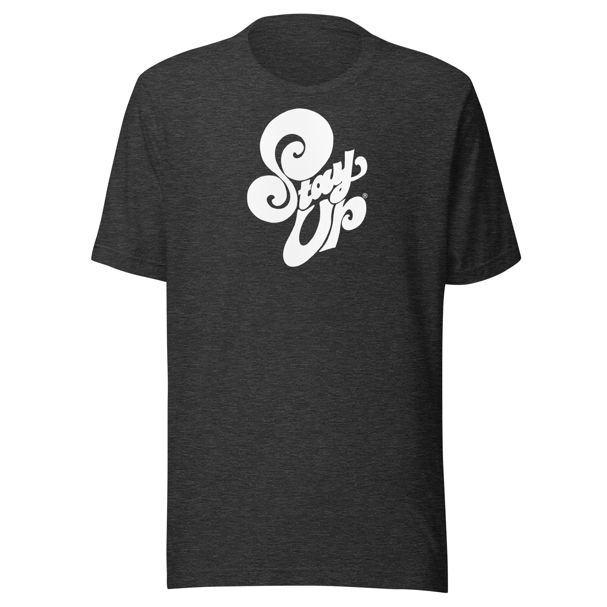 Full view of the Stay Up tee featuring the white curvy logo, highlighting its clean design and premium unisex fit.